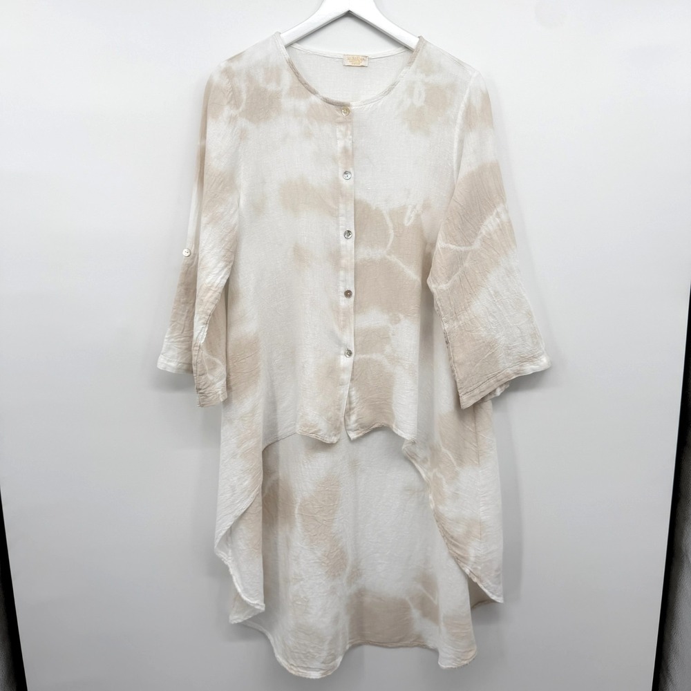 Marisima Italy Cover Up Top Shirt One Size Linen Hi Low 3/4 Sleeve Coastal S M